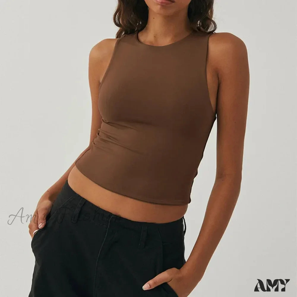 Tight Bottomed Round Neck Sleeveless Racerback Crop Top Coffee / S