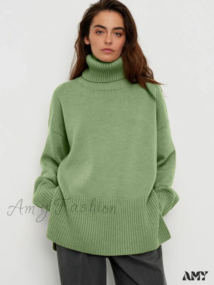 Turtle Neck Autumn Winter Women Soft Warm Basic Knitted Split Pullover Loose Casual Sweater Green /