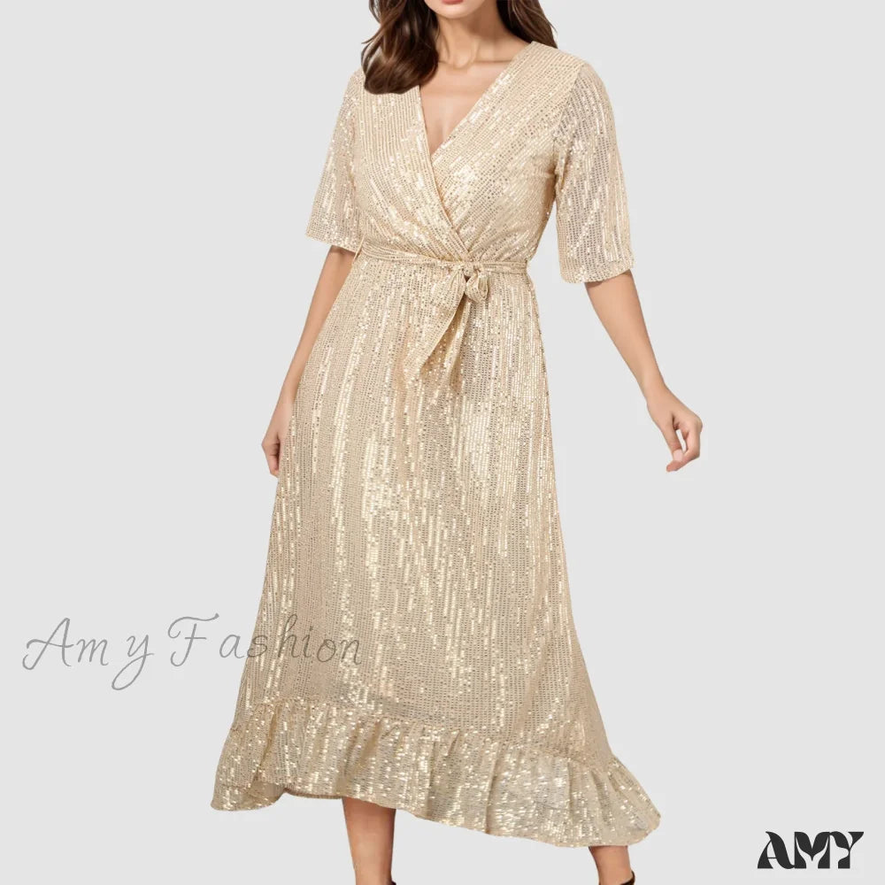 Velvet Elegant V-Neck Slimming Pleated Long Sleeve Wedding Dress Gold / S