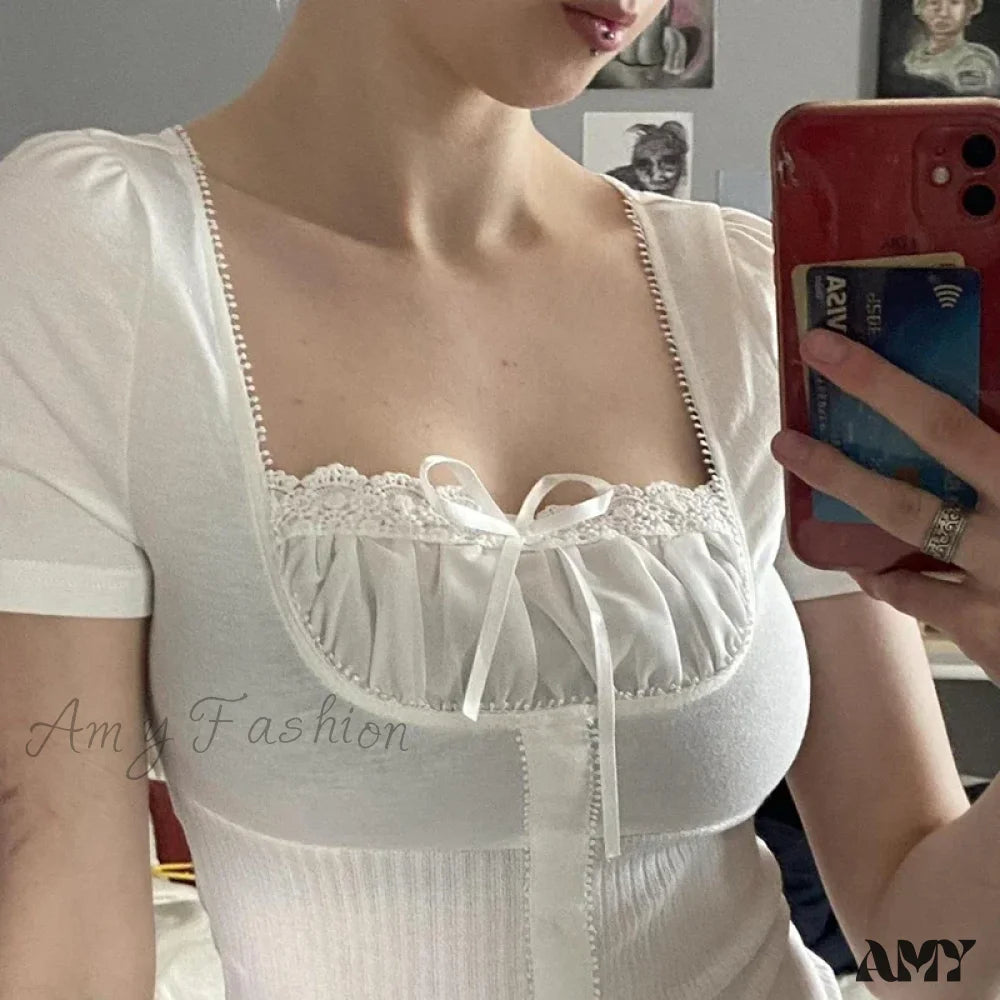 Vintage Preppy Cute Lace Trim Bow Short Sleeve Fairy Cottage Crop Top
