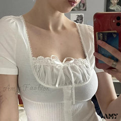 Vintage Preppy Cute Lace Trim Bow Short Sleeve Fairy Cottage Crop Top