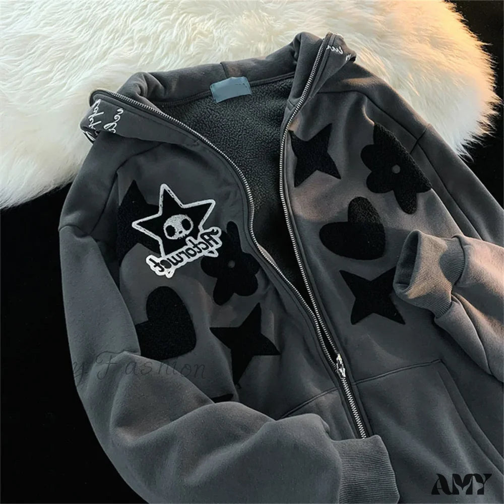 Vintage Star Graphic Jacket Y2K Oversized Long Sleeve Streetwear Harajuku Print Pocket Zipper