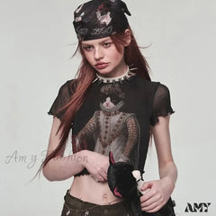 Vintage Y2K Goth Harajuku Cat Print Emo Short Sleeve Mesh Tee Women Crop Top