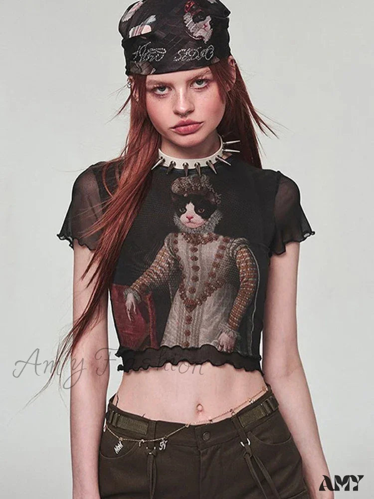 Vintage Y2K Goth Harajuku Cat Print Emo Short Sleeve Mesh Tee Women Crop Top