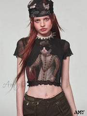 Vintage Y2K Goth Harajuku Cat Print Emo Short Sleeve Mesh Tee Women Crop Top