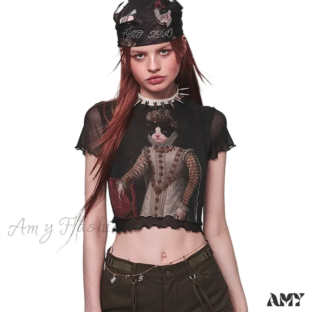 Vintage Y2K Goth Harajuku Cat Print Emo Short Sleeve Mesh Tee Women Crop Top