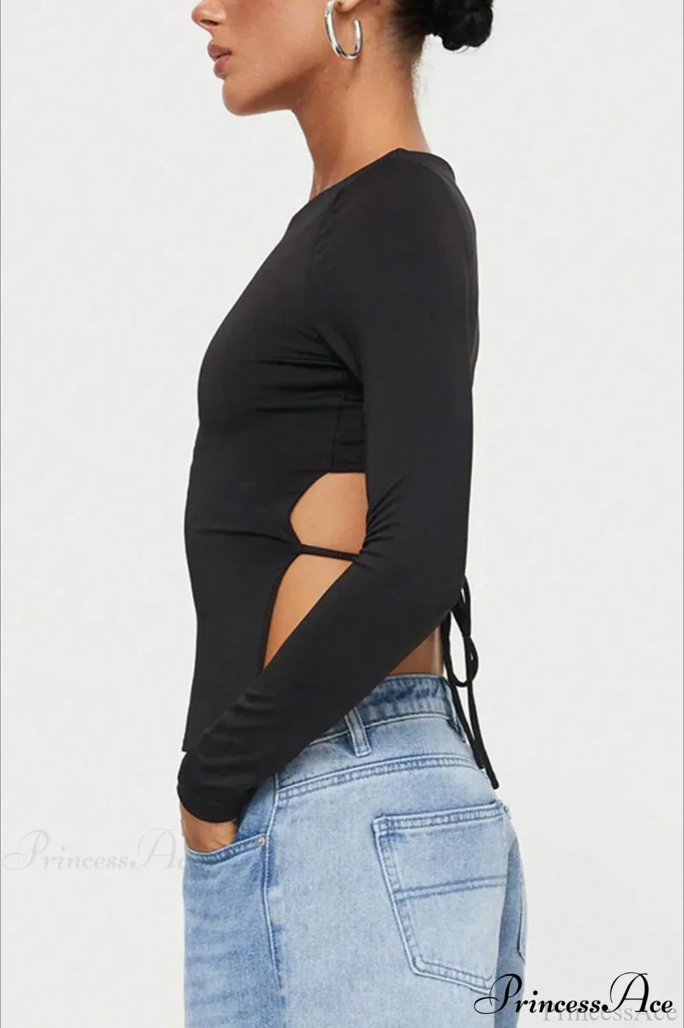 Waist-Tie Solid Color Crew Neck Long-Sleeve Cropped Knit Top