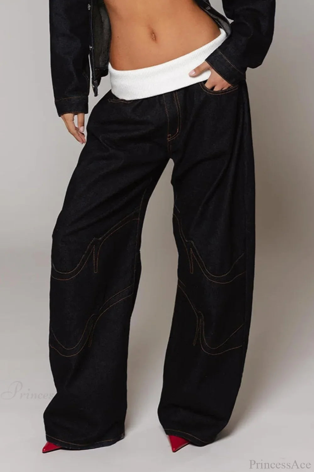 Washed Distressed Sporty Waist Wide Leg Jeans Navy Blue / S