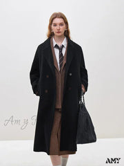 Wool Winter Notched Collar Belt Decoration Long Double Breasted Coat