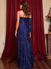 Paillettenbesetztes, trägerloses Abendkleid mit Schlitz 