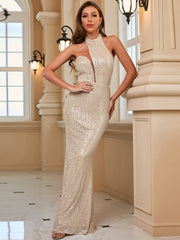 Elegantes Abendkleid mit Pailletten am Hals 