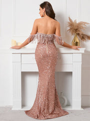 Paillettenbesetztes, trägerloses One-Shoulder-Abendkleid 
