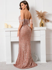 Paillettenbesetztes, trägerloses One-Shoulder-Abendkleid 