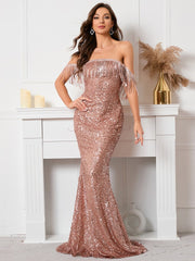 Paillettenbesetztes, trägerloses One-Shoulder-Abendkleid 