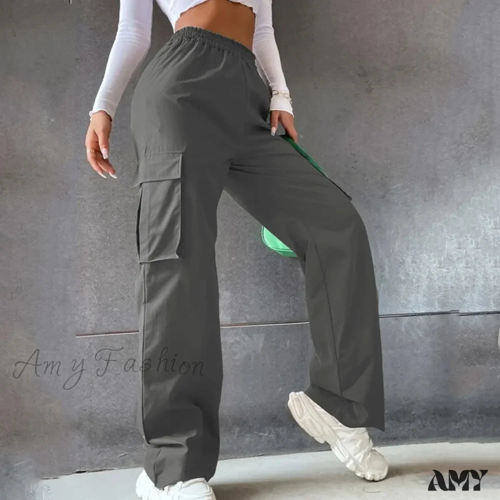 Y2K Vintage Streetwear Techwear Korean Harajuku Parachute Beige Wide Trouser Dark Gray / S